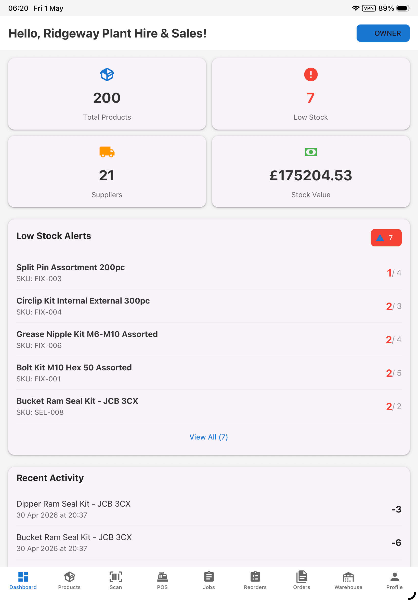 StockScan iPhone app showing dashboard with stock alerts and recent activity