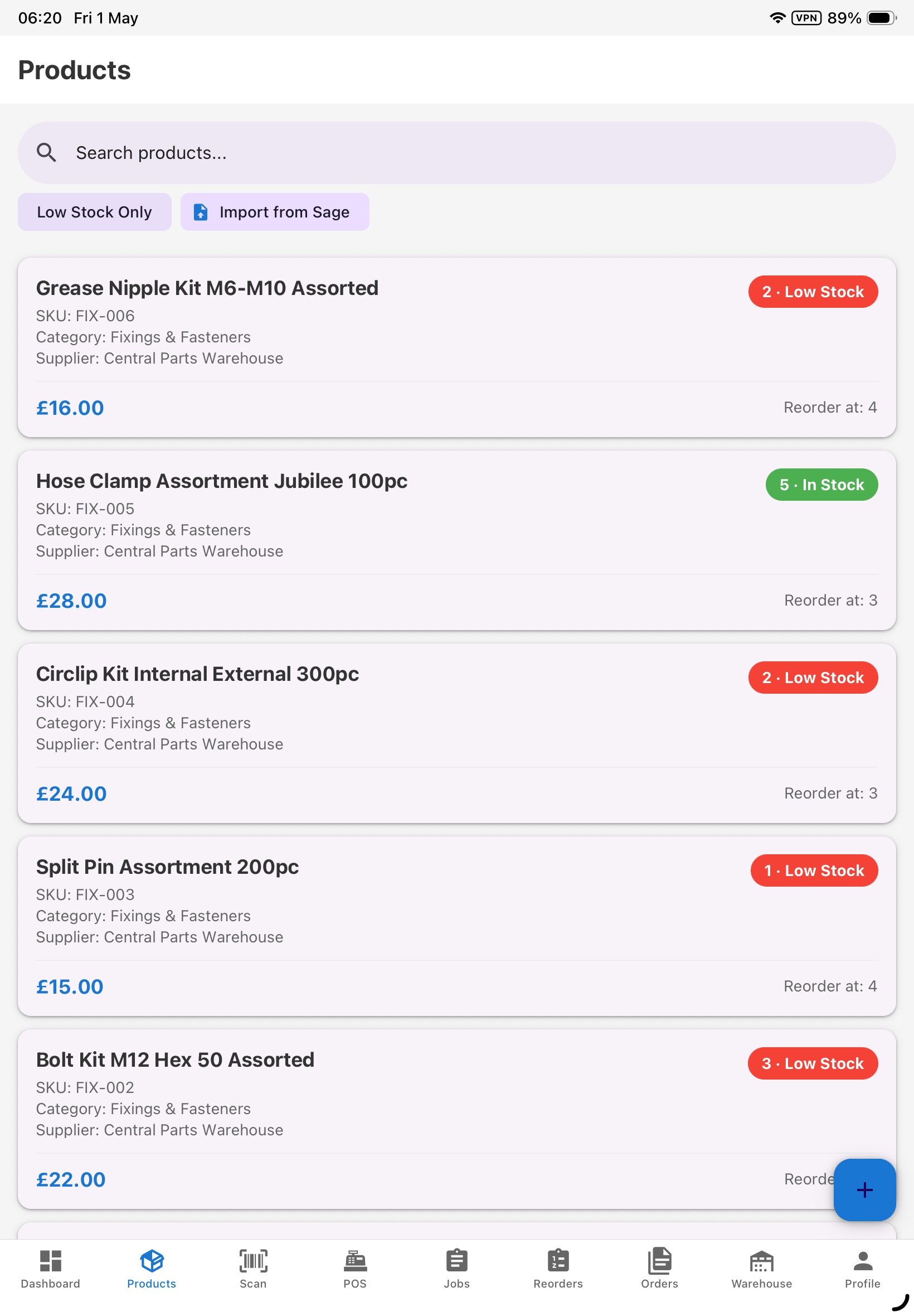 StockScan iPhone app showing the products list with stock levels, prices, and low stock badges