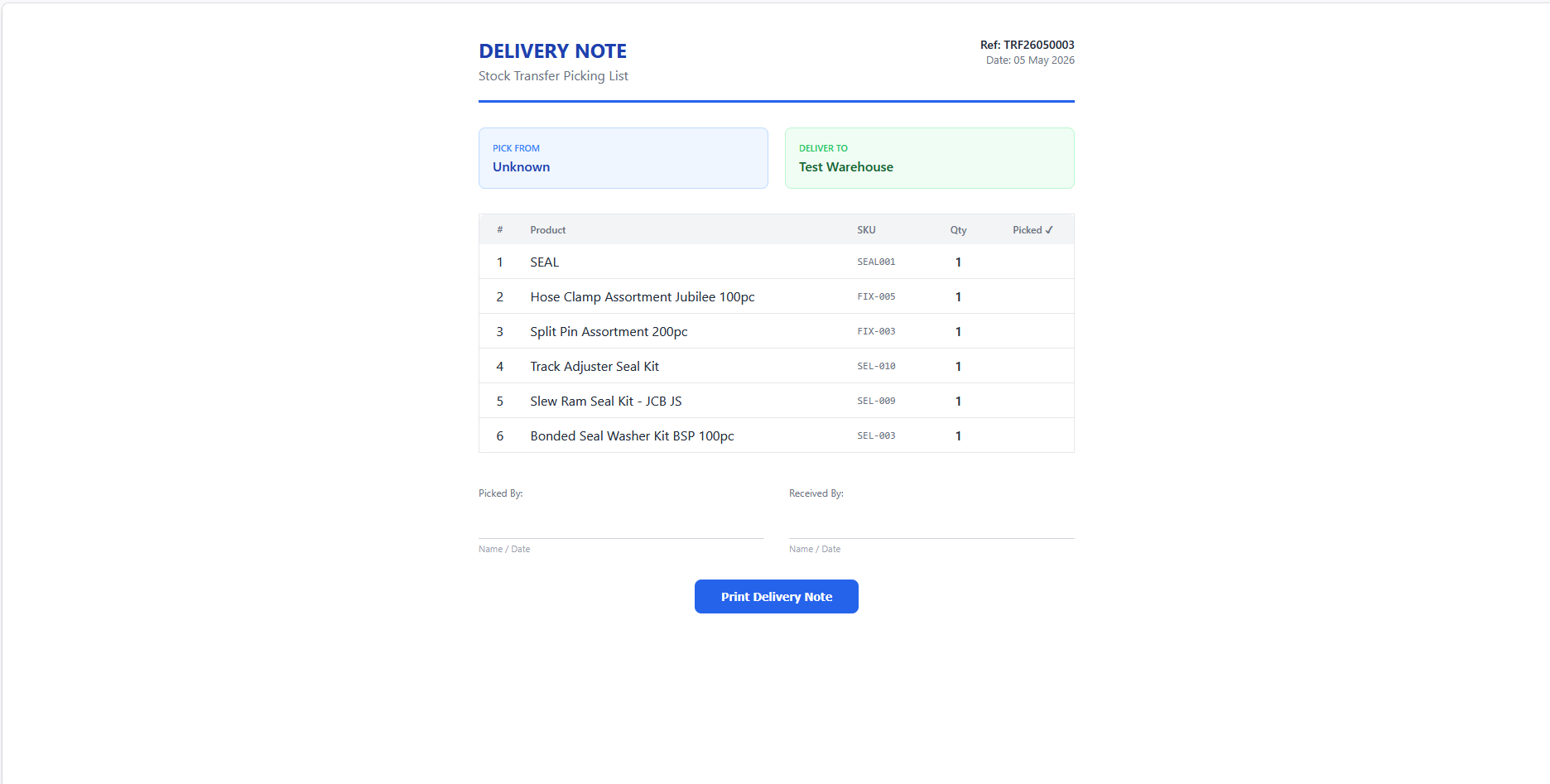 StockScan delivery note showing picking list with product details, SKUs, quantities, and signature fields
