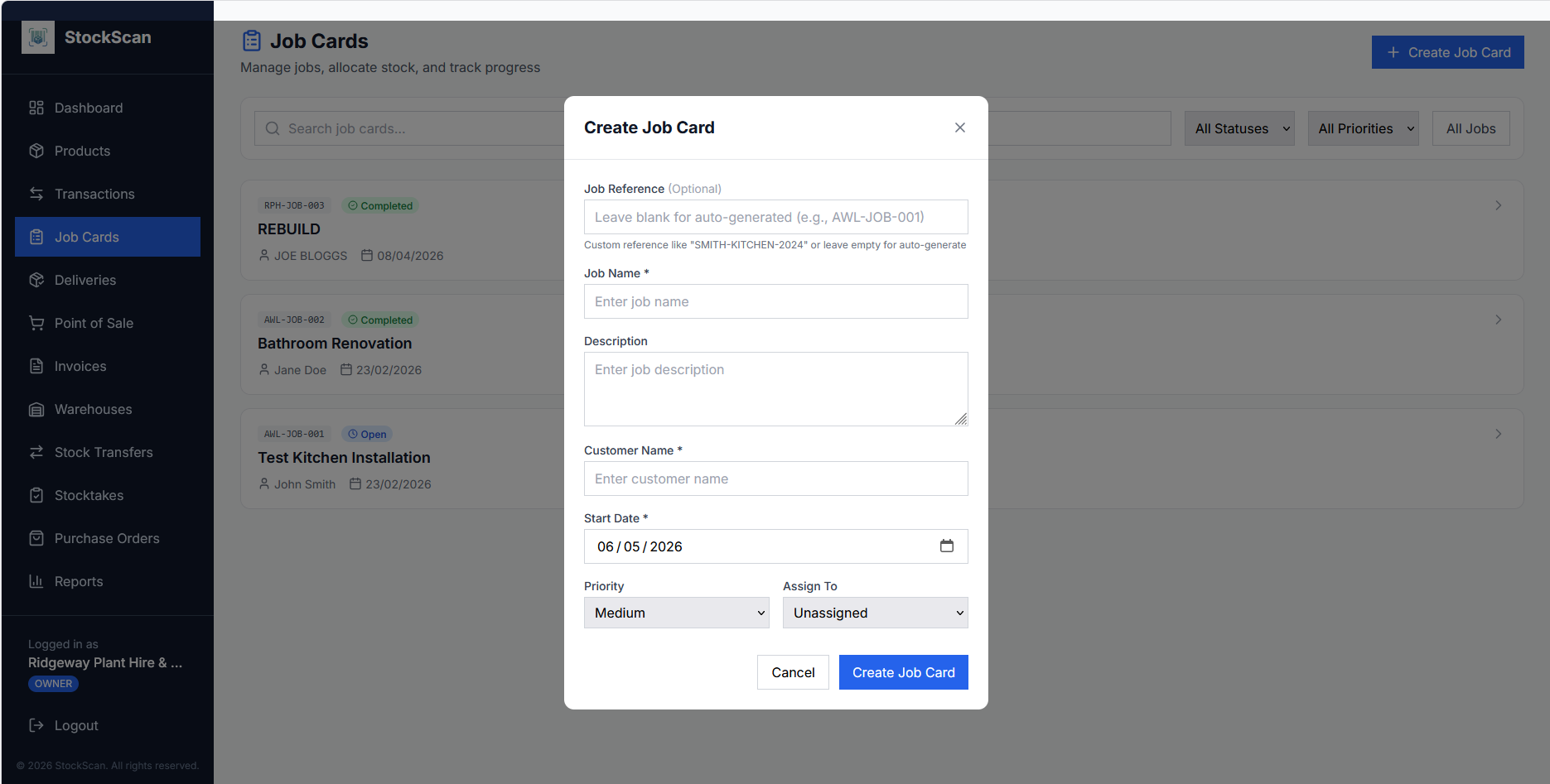 StockScan web portal job cards screen with create job card form showing reference, customer, priority, and assignment fields