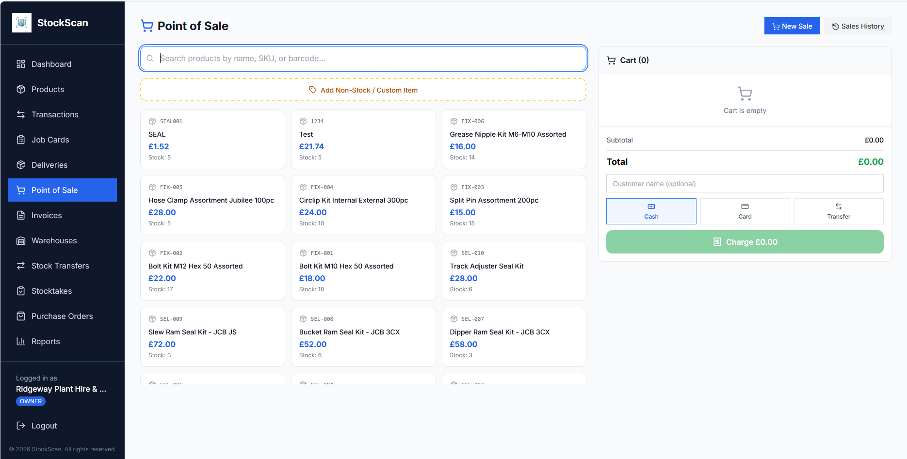 StockScan point of sale screen showing product grid with prices, stock levels, cart, and payment methods
