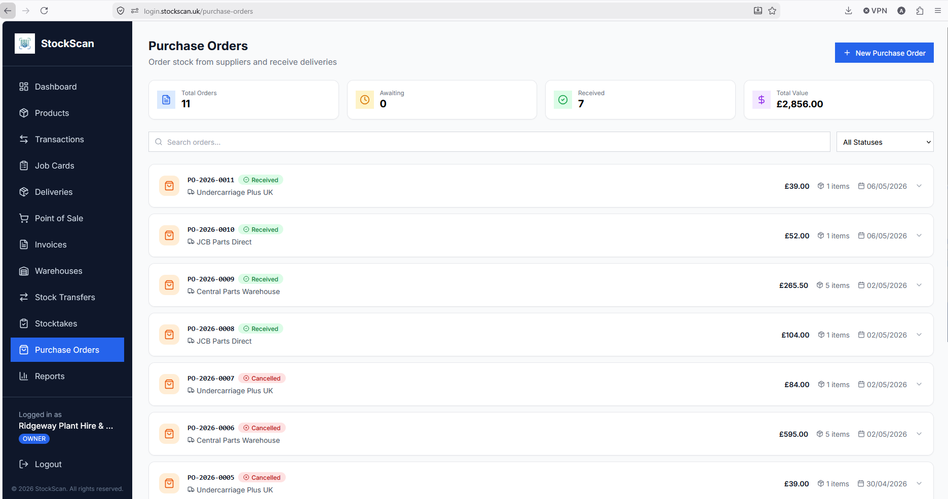 StockScan purchase orders screen showing supplier management, order tracking, and stock receiving