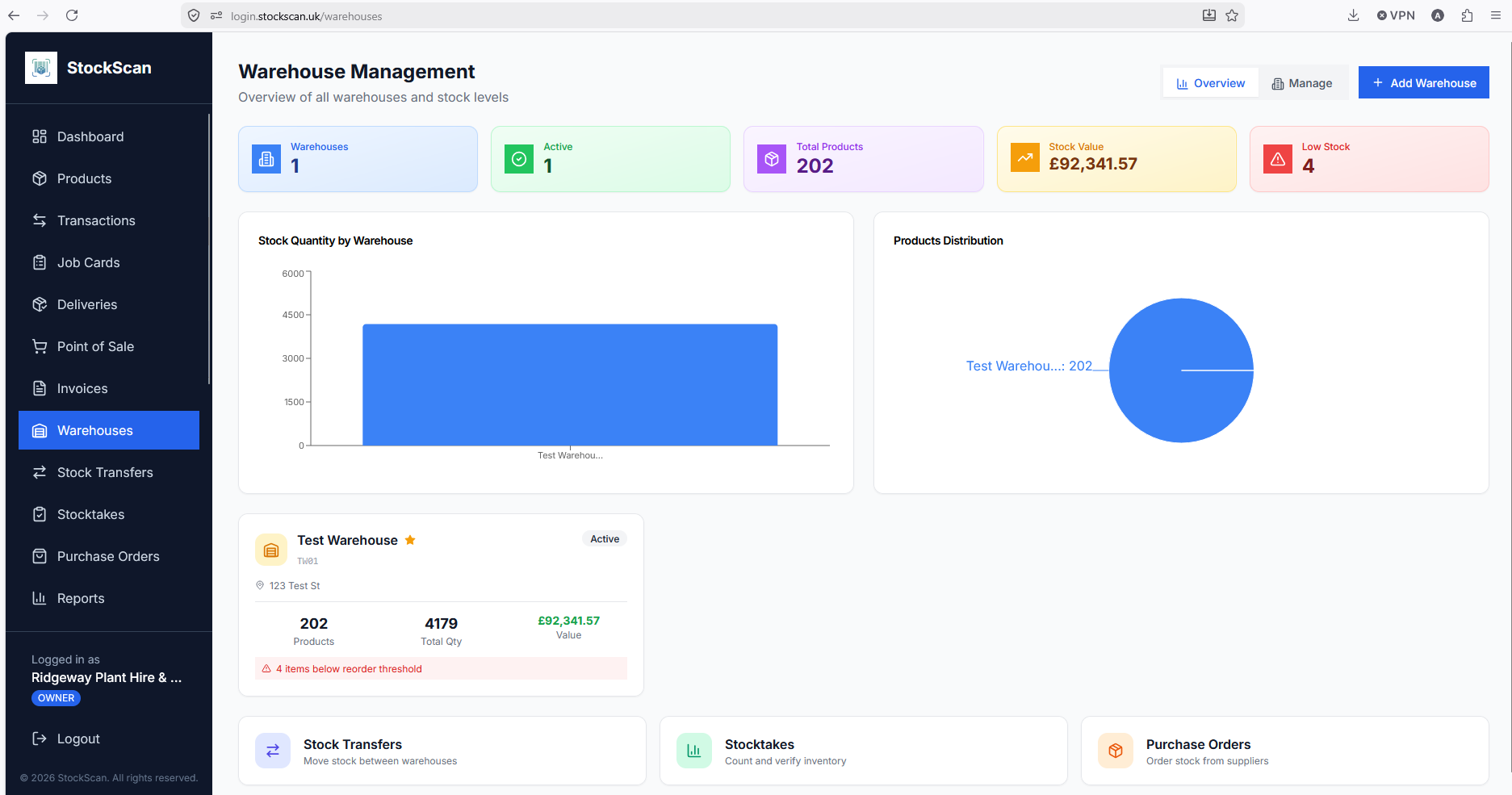 StockScan warehouse management screen showing stock quantities, product distribution, and multi-location tracking